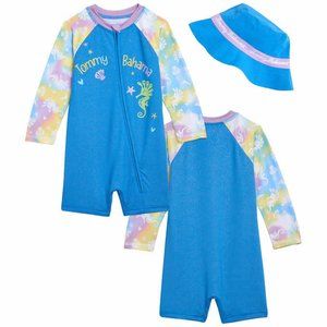 NWT Tommy Bahama Baby Swim Set with Blue LS One-piece Suit & Sun Hat 18/24M